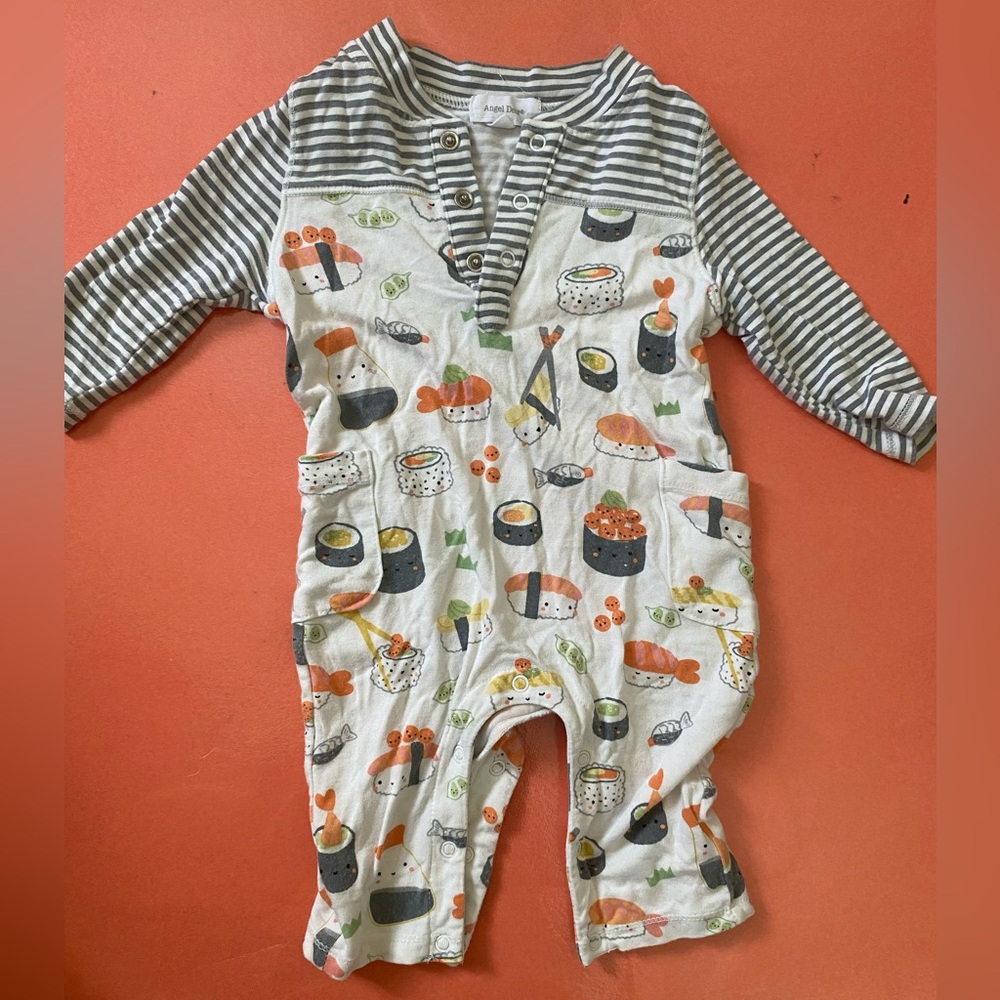Angel Dear White Sushi Print One-Piece with Gray Stripes